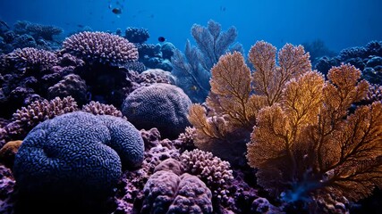 Wall Mural - diverse coral types showcase their unique textures as ambient light changes in a detailed underwater