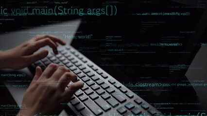 A close-up shot of hands typing on a sleek keyboard, with programming code displayed on the screen, showcasing the essence of modern technology and coding practices. Xenic