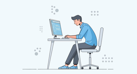 Man coding on computer, vector illustration, software development, programming, freelancer