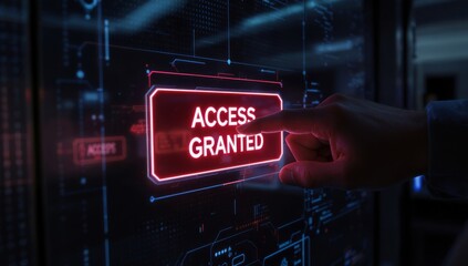 Firm hand pressing red holographic access granted button high security interface digital environment futuristic viewpoint technology concept
