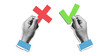 © The Thunks - Halftone hands holding a red cross and a green check mark. Concept of choice, agreement and disagreement. Modern retro collage art style. transparent white background.