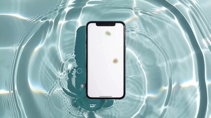 Smartphone Mockup on Clear Water Surface with Ripples and Sunlight.