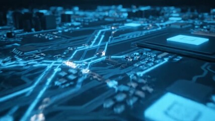 Futuristic Blue Circuit Board with Glowing Microchips and Data Pathways.
