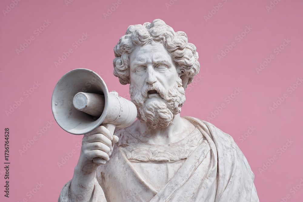 Communication Statues Ancient statue with megaphone shouting a powerful message for modern ...