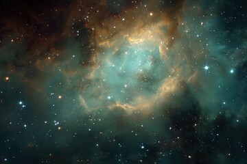 Wall Mural - Golden nebula with teal accents filled with scattered stars creates a stunning cosmic landscape in the depths of space