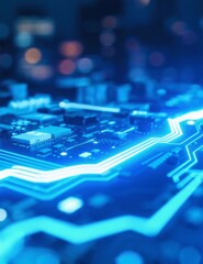 Close up of illuminated circuit board with integrated electronic components