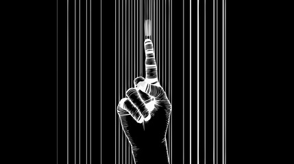 Abstract digital identity with a human hand pointing upwards amidst vertical data lines, symbolizing technology, selection, and individuality in monochrome.