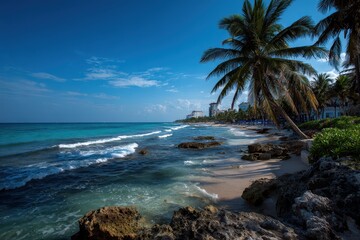 Wall Mural - Stunning beach view in Mexico featuring clear blue ocean, sandy shore, and lush palm trees under a bright sunny sky