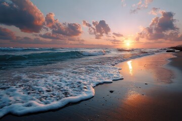 Wall Mural - Vibrant sunset over colorful beach with gentle waves crashing on the shore at twilight