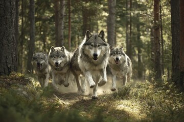  Running spirit animals move in a united wolf pack through the dense woods during the golden hours of early morning