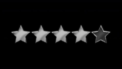 4 stars out of 5 five star animation with animated opening and closing plus shiny silver metallic textures & small tiny sparkles with light sweep sheen 4K animation with transparent alpha background