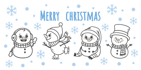 Wall Mural - set of cartoon christmas snowmans in doodle style. Funny snowman wearing hat, scarf on white background. Xmas card. Vector illustration