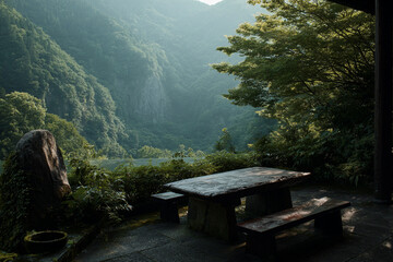 Wall Mural - Empty bench with mountain view generative AI