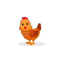 Wall Mural - Cartoon chicken. Cute hen isolated on white. Bird for Easter, decor, invitation, cards, food packaging cover design, advertising banner, postcard. Chick in flat style. 