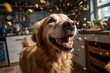 © Iftikhar alam - Joyful dog enjoys treats while eagerly eating in a home kitchen with flying food pieces during a sunny afternoon