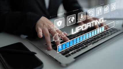 Wall Mural - Knowledge upgrade and software updates support digital skills growth, competitiveness, and continuous learning to stay current with new tech trends. Latch