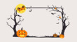 © Desainer - A Halloween-themed decorative frame featuring pumpkins, bats, and bare trees under a full moon.