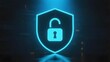 © 晨 晨 - Neon blue shield with padlock symbol on dark background, representing digital security and data protection.