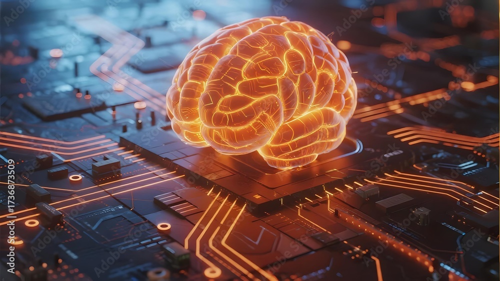 Glowing brain model suspended over a circuit board with illuminated ...