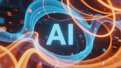 Abstract digital artwork featuring glowing AI text surrounded by dynamic light trails and energy waves