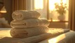 © Suci - Stacked White Towels on Bed with Sunlight Streaming Through Window
