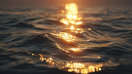 Wall Mural - Serene Water Surface with Sunlight Reflection at Sunset, Gentle Waves Creating a Peaceful Atmosphere for Relaxation and Nature Appreciation