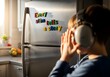 © Autism in Focus - Young child stimming with headphones near fridge displaying colorful letters every stim tells a story promoting autism awareness sensory acceptance and expression