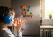 © Autism in Focus - Young child stimming with headphones near fridge displaying colorful letters every stim tells a story promoting autism awareness sensory acceptance and expression