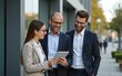 © shu - Business people having informal meeting using digital tablet outside office building. High quality