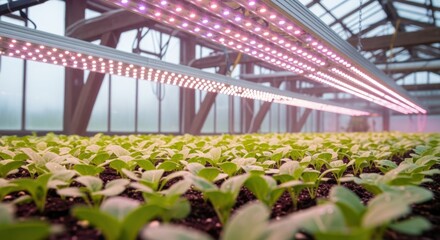 Wall Mural - Closeup medium shot of fullspectrum solar LED lights illuminating rows of young plants in a sustainable greenhouse setup.