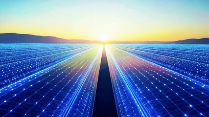 Row after row of blue solar panels stretches toward the sunrise across a vast, bright field at dawn