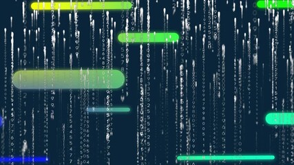 Wall Mural - Faint neon bars intensifying while white numeric streams cascading behind for data visualization