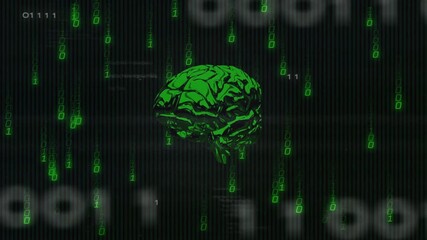 Wall Mural - On startup green brain hologram rotating and cascading binary digits while visualizing data scan