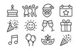 © Ida - Celebration and party line icon set. Vector collection of thin line symbols for events and holidays. Birthday cake, dancing, christmas santa, new year, gift, carnival mask.