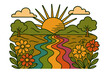 © Duong - Retro psychedelic landscape with rainbow river, flowers, and sunset. Vintage hippie background in 70s groovy style. Hand drawn contour vector for peace and love posters.