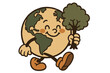 © Lyca - Vintage retro style happy Earth planet character walking with tree, smiling environmental mascot, 70s inspired eco-friendly greeting card design, Earth Day celebration concept