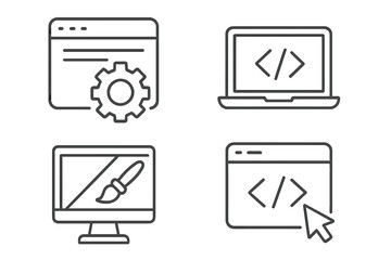 Web page design and programming outline icon collection, editable stroke vector set for infographics, articles, books, flyers, banners, technology and coding concepts illustration