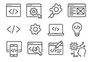 Web development line icon set. Programming, coding, and UI UX design concepts. Editable stroke vector icons for software, app development, website, and API interface design.