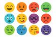 © Ben - Colorful emoji faces collection. Set of expressive circular emoticon icons in flat style. Vector cartoon illustration with different emotions, feelings, and moods like happy, sad, angry.