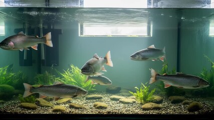 Wall Mural - Closeup medium shot of broodstock fish swimming calmly in a wellmaintained tank under natural light to promote healthy sustainable reproduction.