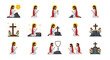 © Donjuan Studio - Pixel art shows a person kneeling and praying in various poses and next to crosses and other religious symbols