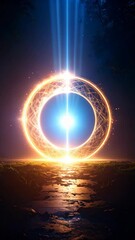 Wall Mural - Glowing circular portal emitting bright light in a mystical landscape at night