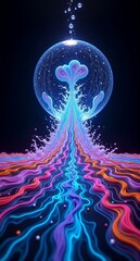 Wall Mural - An abstract, vibrant digital art piece showcases a sphere unleashing colorful streams.  Water-like elements flow downwards against a dark backdrop, suggesting growth and fluidity. Hints of bioluminesc