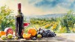 © Newstep - A picturesque watercolor of a wine bottle, glass, and fruits set against a lush vineyard landscape under a bright sky.