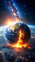 Wall Mural - Planet Earth with continents and clouds showing damage and fiery eruptions in space and starry sky