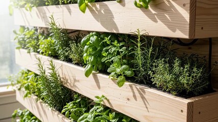 Wall Mural - Closeup medium shot focusing on wooden panel vertical farming tiers featuring lush herbs growing under natural light highlighting sustainable material use in ecofriendly farming.