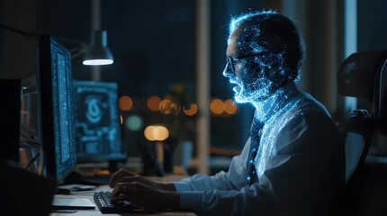 Creative Programmer Working on Futuristic Technology at Night with ai generated