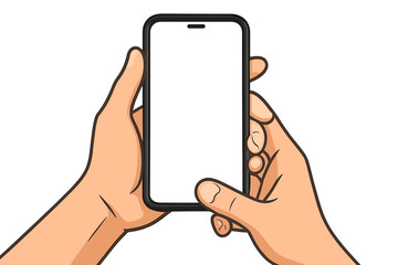 Hands holding phone mockup with blank white screen. Smartphone for mobile app presentation. Man holding modern device. Cellphone display template. Vector cartoon illustration.