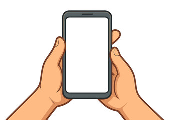 Hands holding phone with blank white screen for mockup. Mobile cellphone template. Man using a smartphone. Vector cartoon illustration for app or website presentation. Isolated.