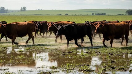Wall Mural - Herd of cattle moving steadily across lush wet pasture with reflective puddles creating dynamic water splashes during grazing.